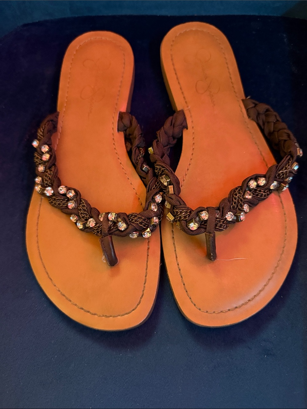 Jessica Simpson Brown Braided Rhinestone Toe-Post Sandals